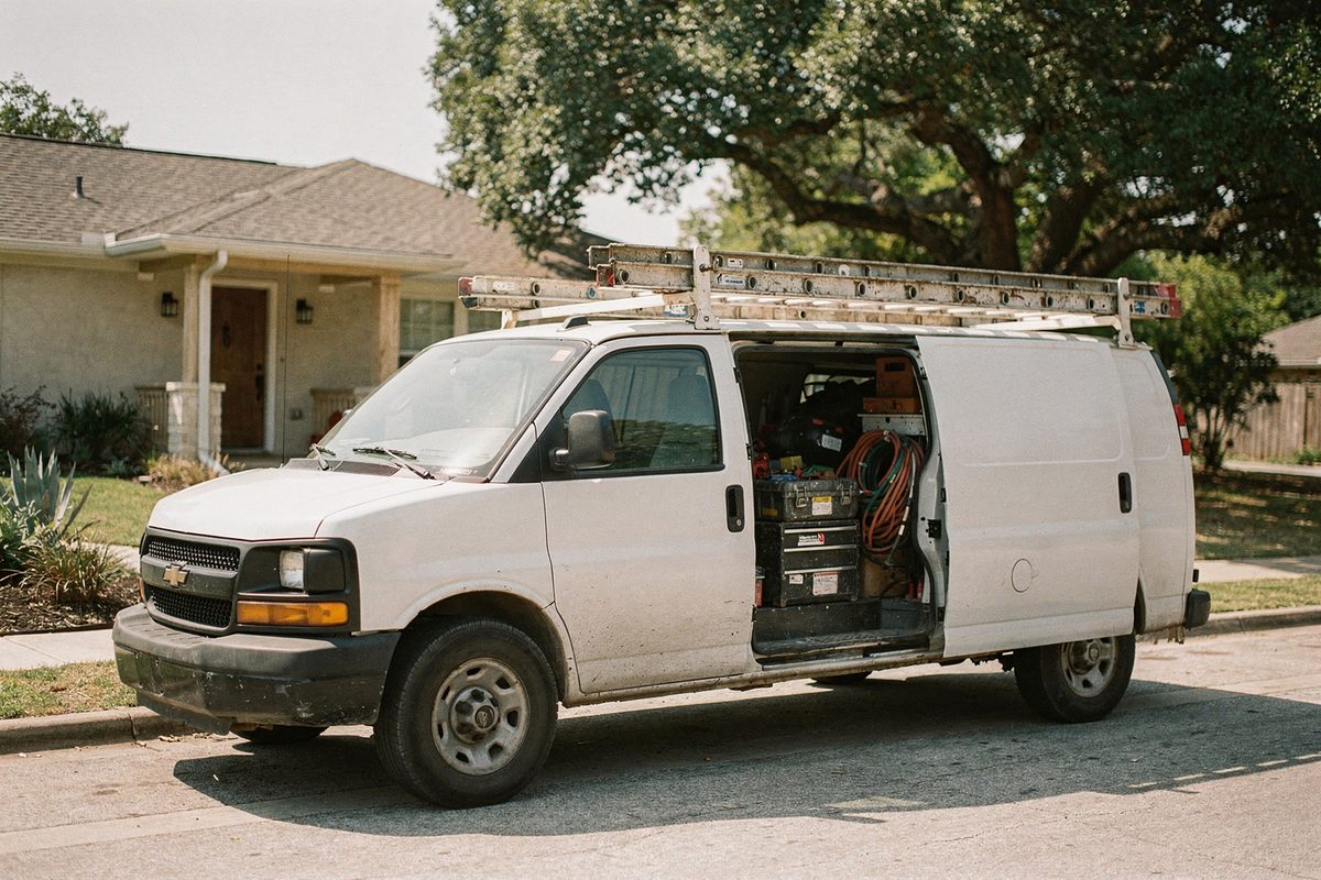 Work van parked at a curb with ladder rack and tool cases